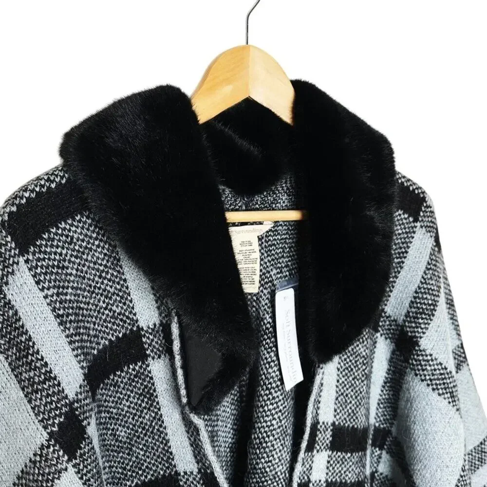 Soft Surroundings Black and Gray Plaid Faux Fur Trim Poncho